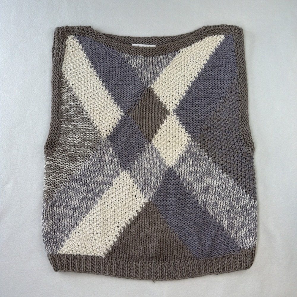 Jack Winter Womens M Argyle Sweater Vest Ramie Wool Gray Ivory Hand Knit Korea